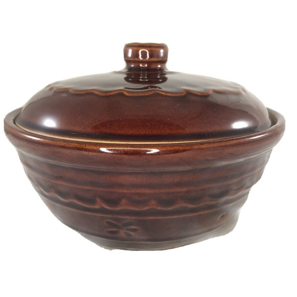 Vtg MARCREST OvenProof STONEWARE Brown Daisy Dot 1.5 QT CASSEROLE DISH w/LID USA
